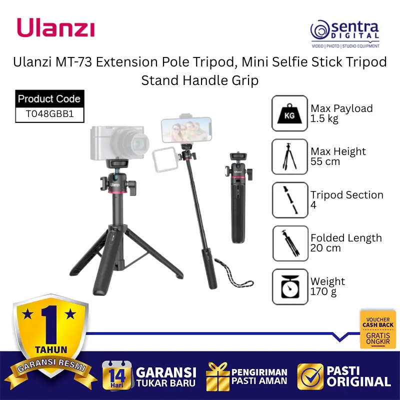 Ulanzi MT-73 Extension Pole Tripod, Mini Selfie Stick Tripod Stand Handle Grip - T048GBB1