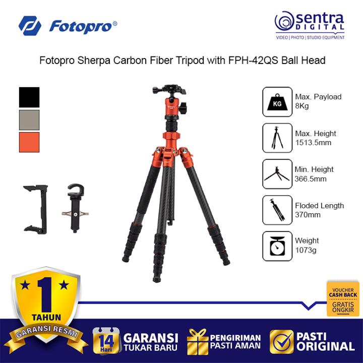 Fotopro Sherpa Carbon Fiber Travel Tripod - 42QS Arca-Type Ball Head Orange