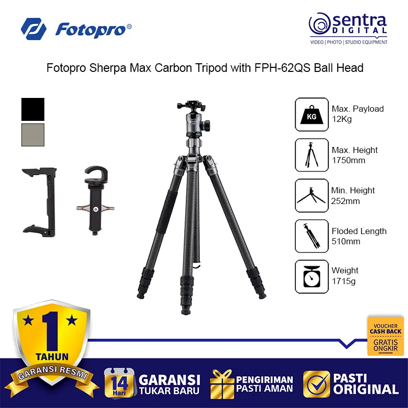 Fotopro Sherpa Max Carbon Fiber Travel Tripod - 62QS Arca-Type Ball Head Gray