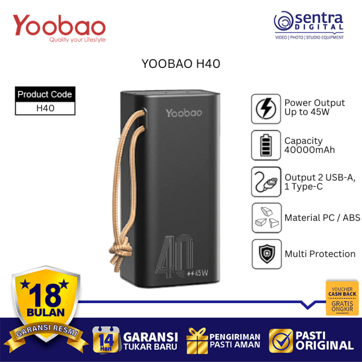 YOOBAO H40 Powerbank 40000mAh LED Display Battery Indicator Safe and Long Lasting Power