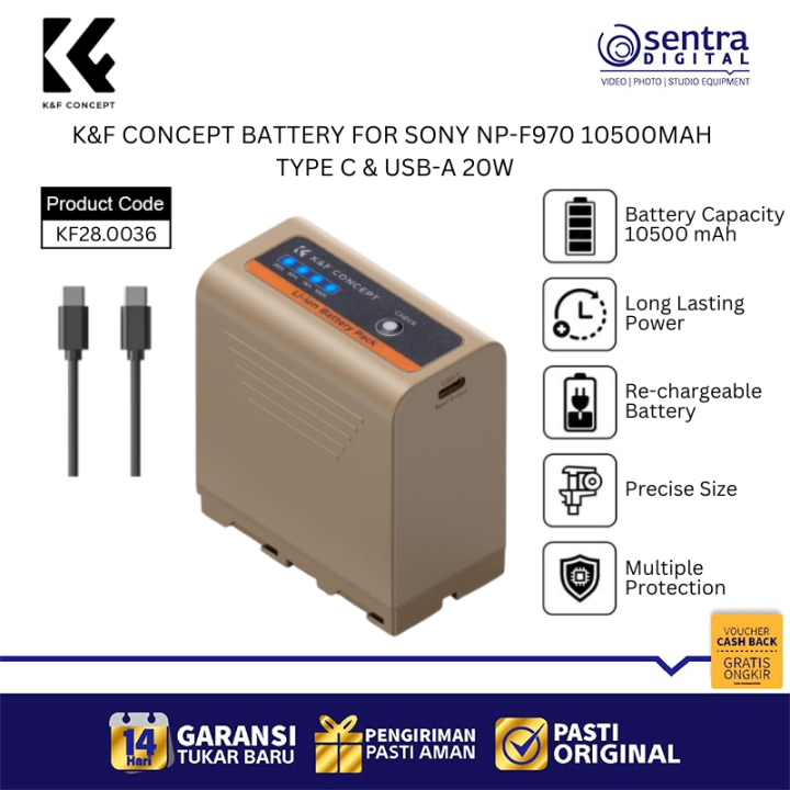 K&F Concept Battery For Sony NP-F970 10500mah Type C & USB-A 20W - KF28.0036