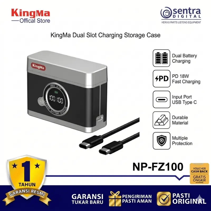 KingMa Dual Slot Charging Storage Power Case BM071-FZ100 for Sony NP-Fz100 2-Slot Battery Charger A7RM3 A7RM4 A7RM5 A7M3 A7M4 A7M5 A7C A7CM2 A7CR ZV-E1 ZV-E10M2 A6700 A6600 FX3 FX2 FX30 with USB Type C