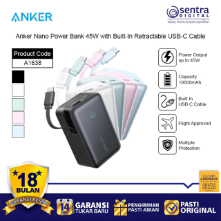 Anker Nano Powerbank 10000mAh with Built-In Retractable USB Type C Cable Power Bank 45W Fast Charging A1638