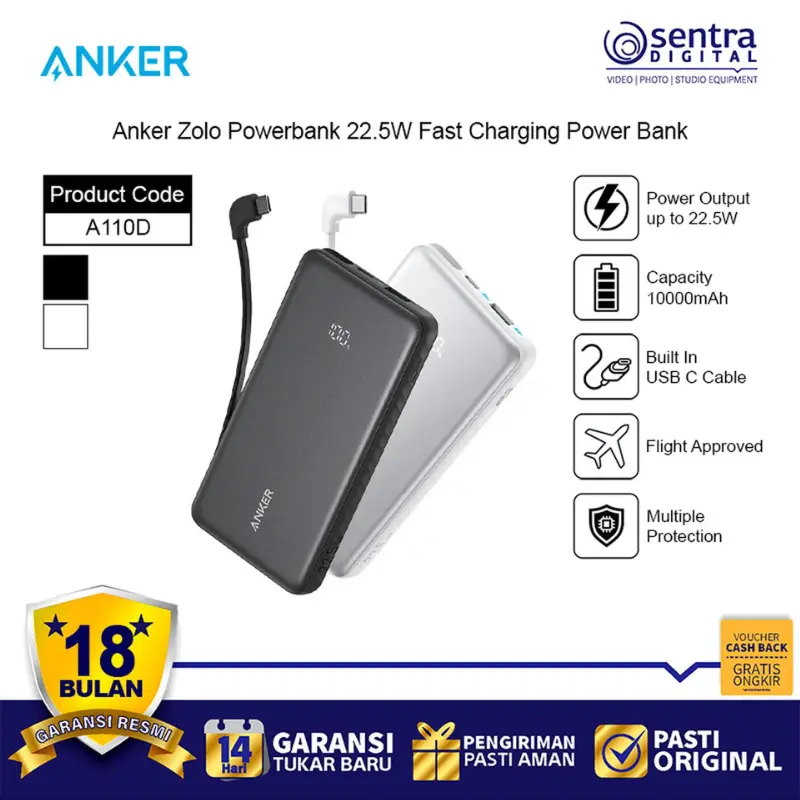 Anker Zolo Powerbank 10000mAh 22.5W Fast Charging Power Bank with Built-in USB Type C Cable A110D
