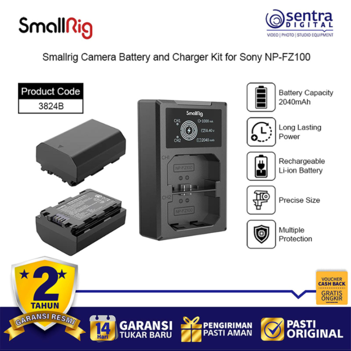 SmallRig Paket 2 Camera Battery and Dual Charger Kit for Sony NP-FZ100 ( A7M3 A7M4 A7M5 A7C II FX 3 ) - 3824B