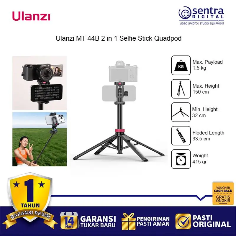 ULANZI MT-44B 2 in 1 Extendable Phone Lightweight Tripod with Bluetooth Remote Selfie Stick 360° Rotating Stand S056